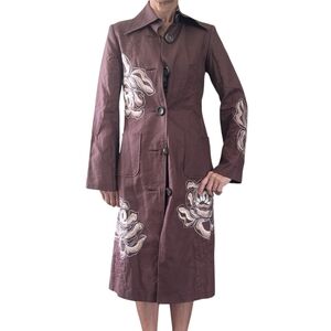 Vintage NWT H&M Embroidered Linen Coat Brown Floral Boho Maxi Jacket Sz 4